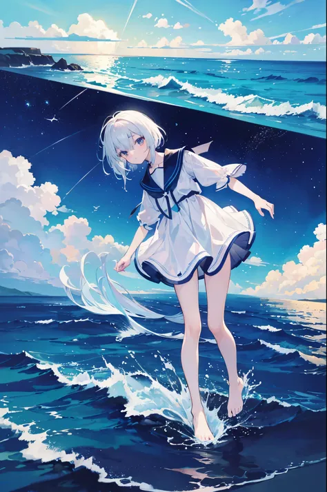 ((masterpiece, highest quality)), at night, thin clothes, girl, put one foot in the sea water with only toes, girl standing, girl sideways, girl between the horizon and the sea, looking from the side, ripples spread from the toes, the scene is about 20 met...