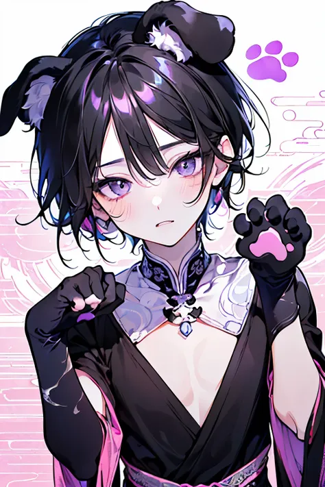 ,(((male:1.3))),((black hair:1.3)),(Shiny marble eyes:1.45),(forehead mark),(NSFW:1.15),((drooping dog ears:1.2)),(A lustrous, soft face:1.4),((blush、Waiting for a half-open kiss、Excited face:1.2)),((head down:1.3)),((POP and cute animal footprint backgrou...