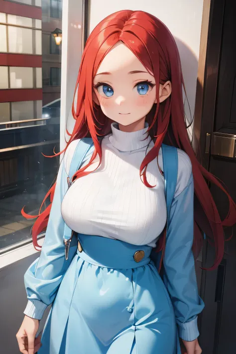 1 girl, single girl, cute, long red hair, light blue eyes, big breasts, big hips, cute dress, open sweater,