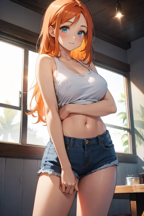 1 girl, single girl, cute, long orange hair, light blue eyes, big breasts, big hips, tight tank top, strappy t-shirt, sleep shorts