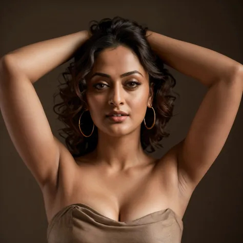 Looks like Sandeepa Dhar, a photo portrait of a beautiful girl 40 years old Woman, curvy hot mommy figure, fleshy figure, with curls, styled black hair, (face portrait:1.5), dramatic light, Rembrandt lighting scheme, bust shot, linen tank top , top quality...