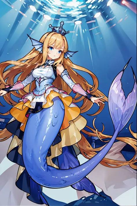 （（masterpiece,best quality,illustration,high resolution,)beautiful girl,Perfect face,Perfect eyes：1.2）,perfect five fingers,Four fingers and a thumb in optimal proportions,A girl,dress,long hair,blonde hair,blue eyes,head fins,Head fin,looking at the audie...