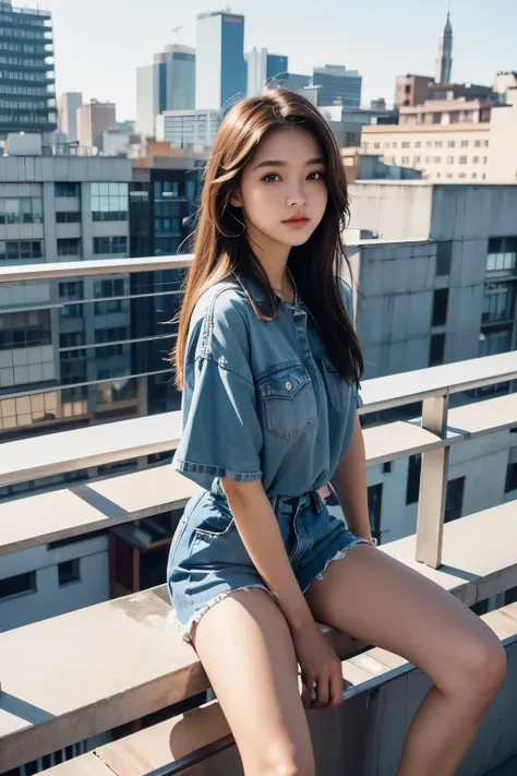 Close up of person sitting on railing, girl sitting on the rooftop, sits on the rooftop, standing on the rooftop, on the rooftop, pretty face with arms and legs, Casual Photography, Profile picture, casual pose, Platform, lopi girl aesthetic