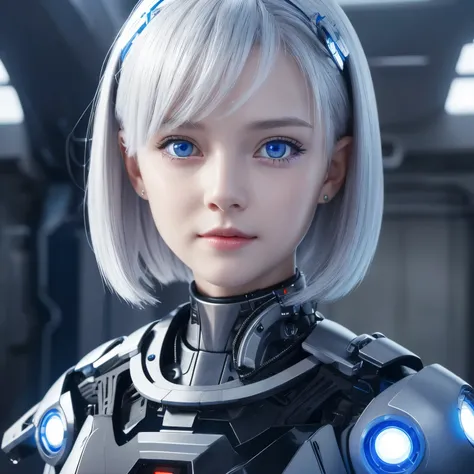 pretty female ai android, 9 year old , beautiful blue eyes,blue-grey facial skin, white hair short cut,RED hairclip,small smile,The neck and body are mechanical devices like a terminator,Futuristic design,fantastic style,very detailed,masterpiece,best qual...