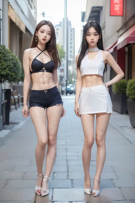 (8k、Raw photo、最high quality、masterpiece:1.5),((((Both of them stand with their legs apart:1.9)))),(((Both of them have an inseam that is more than half their height.:1.6))),((Both of them have bare legs.:1.3)),((Both of them are extremely slim:1.2))，((((Bo...