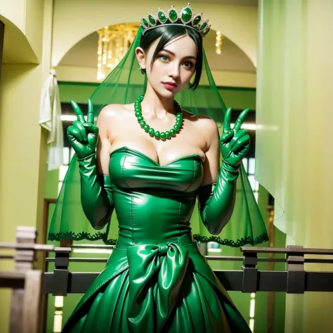 Emerald tiara, Green Pearl Necklace, Boyish very short green hair, lipstick, Woman in her 30s Japan smiling, Very short hair, Big and beautiful, Green Eyes, Long green satin gloves, Big Breasts, V sign with both hands, Emerald Earrings, Green veil