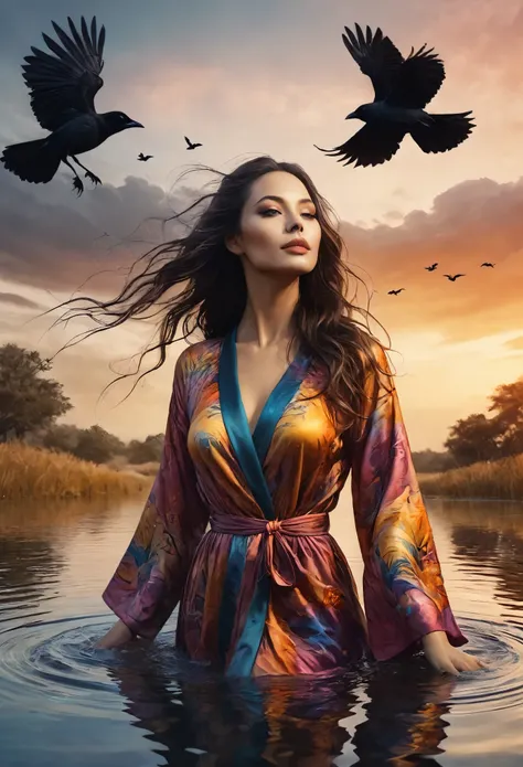 a beautiful woman in a colorful robe, bathing in a serene pond with crows surrounding her, mystical gribwind swirling in the bac...