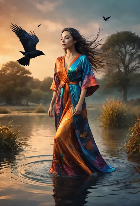 A beautiful woman in a colorful robe, bathing in a serene pond with crows surrounding her, mystical gribwind swirling in the background, (best quality, 4k, 8k, highres, masterpiece:1.2), ultra-detailed, (realistic, photorealistic, photo-realistic:1.37), vi...