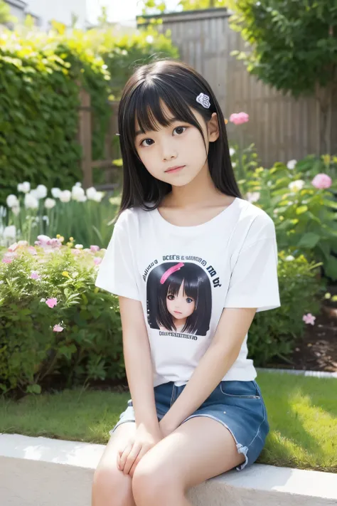 8k,Japanese,9 years old,Innocent face,Teenage Girl,cute,Random color plain t-shirt,Casual wear,Sitting,Black Hair,garden,Hair Clip,