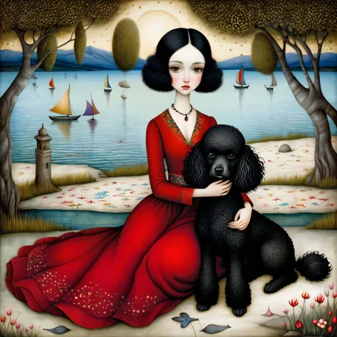 a young european woman, with black hair, red dress, sitting on the beach of a beautiful lake in springtime, holding a black dwarf poodle in her arms, patchwork style, by klimt, nicoletta ceccoli, naoto hattori, Lawrence Didier, leonora carrington, detailed...