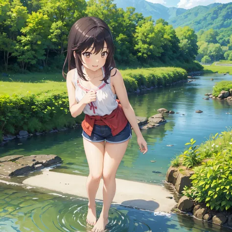 girl playing in the river, 1girl, ichijou hotaru, smile, 11-year-old, barefoot, thighs, sleeveless, shorts, realistic skin textu...