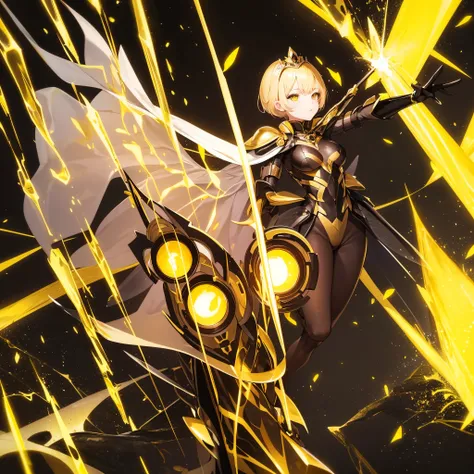 Wasp Girl，Queen，Royal sister，，Black and yellow clothing，Long black dress，Blonde short hair，Princess Cut，Holding a spear，Glowered，Wasp wings