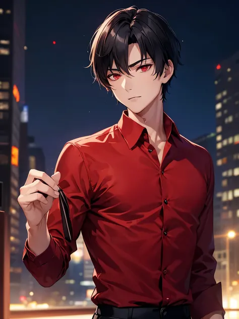 1boy,handsome,Short black hair, red eyes, side parted hairstyle, vampire, handsome,Red shirt, long sleeve shirt, top button open,, standing, night, close up photo,ultra detail, ulta HD