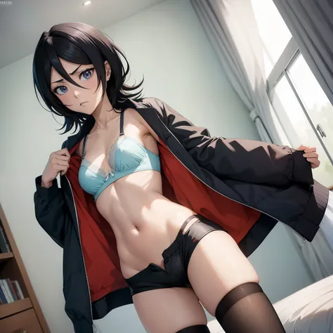 rukia  ,1girl , anime , masterpiece  , black hair, pajama aberta open clothes , solo ,  jacket, open clothes, bra , flat chest ,...