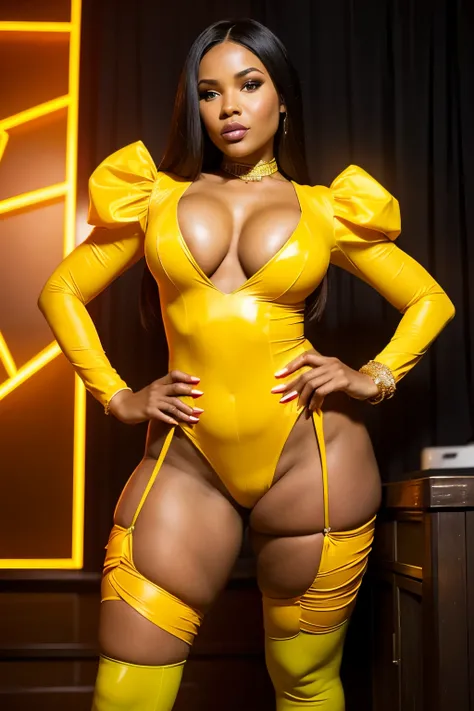 Objective: Portray a captivating image of a powerful and exotic woman in an eccentric setting.
Attire: A neon orange bodysuit, styled after the iconic Vixen from DC Comics, adorned with bio-translucent slime, lime inflatable parts, and large puffy sleeves,...