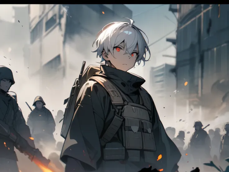 a young boy with white short hair and red eyes, on a battlefield area, smoke, after battle scene, masterpiece, best quality,