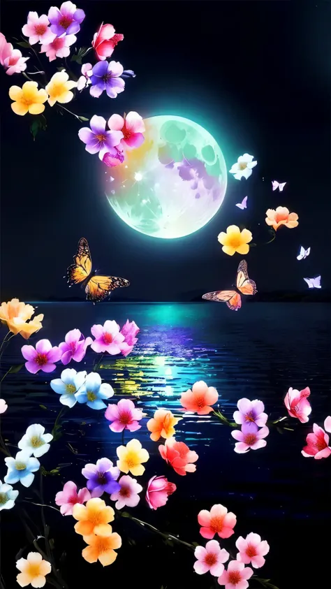 a painting of flowers and butterflies flying over the water, beautiful moonlight night, beautiful moonlight, beautiful moon light, beautiful as the moon, moon glow, night sky full of flowers, glowing butterflies, beautiful wallpaper, moonlight shining on w...