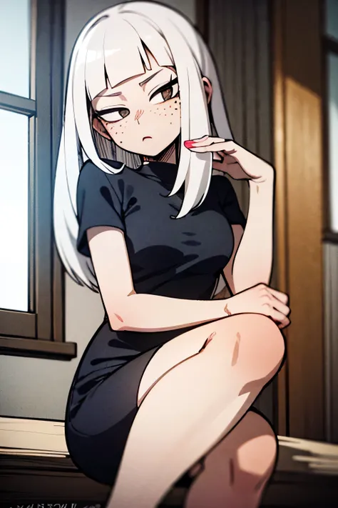 my hero academia comic panel, Korean girl 24 years old with white hair long Smooth with Pastel pink wicks and smooth bangs long, Little gray eyes with long eyelashes, freckles on the cheeks and nose, light skin, she Relaxed and casual pose