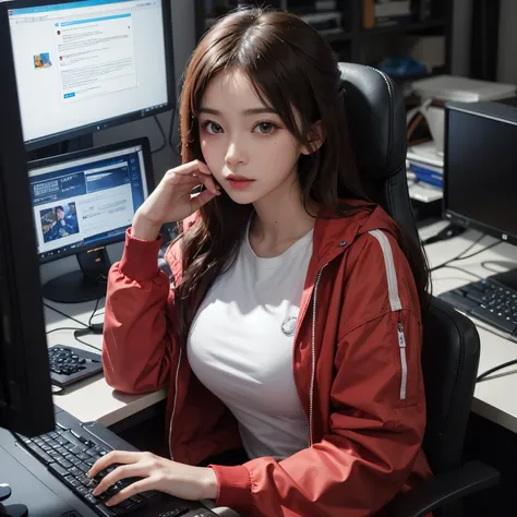 A beautiful woman wearing a jacket that says TENKA BOT OFFICIAL is looking at the camera behind her, there is a computer and monitor screen