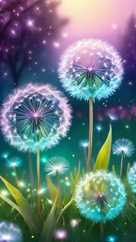 a group of dandelions in the grass with a sky background, magical colorful flowers, magical flowers, dandelions, glowing dandelion seed storm, glowing flowers, dandelion, stunning screensaver, beautiful art, amazing wallpaper, colorful hd picure, magical b...