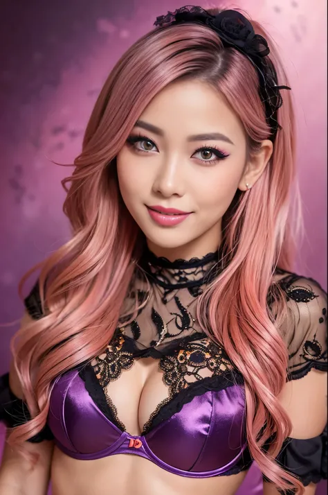 ultra realistic girl, smiling face, orange and pink ombre background, closeup, lip-gloss, long lashes, lipstick, defined eyebrows, ultra detailed metallic eye-makeup, halloween, goth, gyaru, purple flowing hair, garter belt, cute lack lace underwear, sweet...