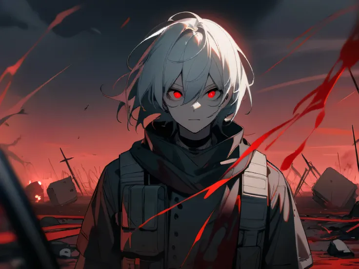 1boy, white hair, red eyes, battlefield, scattered blood everywhere, eerie vibes, looking at viewer, outdoors, masterpiece, best quality,