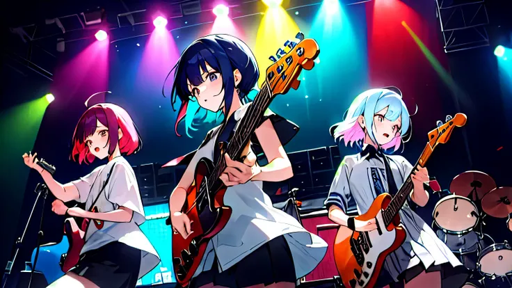 Contrast、stage、Spotlight、Two girls playing guitar、A girl playing the bass、One is playing drums in the background、Four girls in total、Girl Band、 Super Color, Vibrant colors, Diffuse lighting, rock, Cowboy Shot, Anime Style, Very detailed, Written by hand,