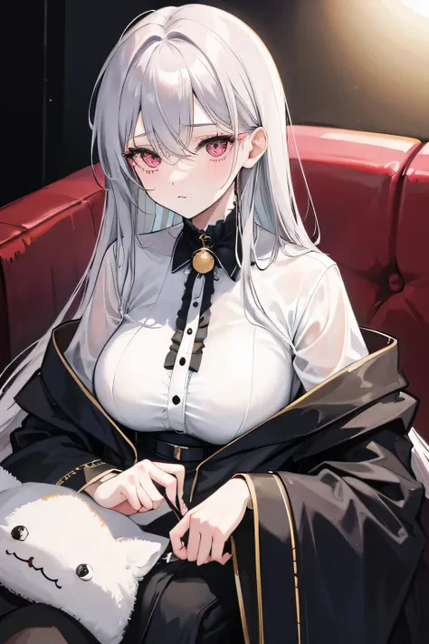 A woman with long grey hair wearing a black robe，Medium Breast，Lying on the sofa to rest，The right eye is wearing a gold-rimmed monocle，White gorgeous shirt，Pink eyes，A cold expression，25 years old