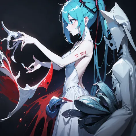 profile、Blue Face、arm hug、Embrace yourself、Bloodしぶき、Blue Face、Blue Skin、Hatsune Miku、zombie、Red eyes、Blue Face、Blue Skin、Bloodを流した、Gray Hair，sad，（Blue place：1.1），blue eyes、Hatsune Miku、ruins、cadaver, an  ominous, woman, thin, pale, Looking into the camera,...