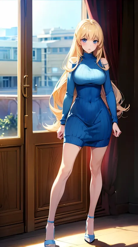 (manga:1.4),Highly detailed CG 8k highest quality, Volumetric lighting, Highly detailed face, , Long Hair, sweater, Huge big breasts, Slender body, Cute heels,standing, dress,Bright light blue clothes