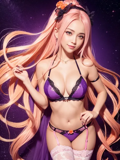 ultra realistic girl, smiling face, sparkling orange and pink diamond jewelry, orange and pink ombre flowers background, portrait, halloween, goth, gyaru, very long purple flowing hair, garter belt, ultra detailed cute lack lace underwear, sweet and sexy, ...