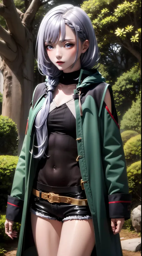 luna jacket, black shorts, thighhigh, silver hair, loose braid, beautiful face, forest background, (masterpiece:1.2), best quali...