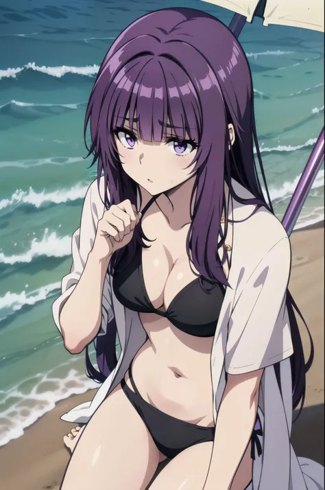 purple hair,,long hairpurple eyes,bikini,disgust,looking disgusted, abhore,on the beach
