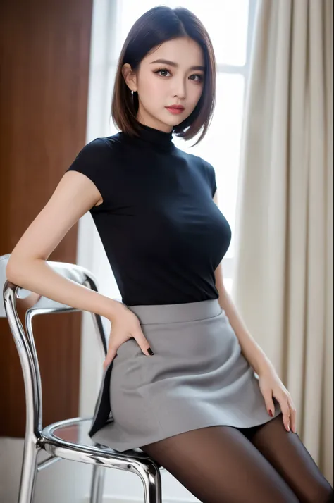 (((masterpiece))), (((highest quality: 1.4))), ((Very detailed: 1.4)) , (Full Body Shot), (Shot from the side), ((One Woman)), Incredible beauty、Voluptuous mature woman、Wearing a black dress and sitting on a chair, 
 ((Transparent grey skirt, mesh shirt, C...