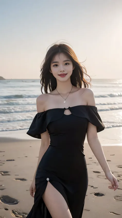 A sweet girl by the beach，voluminous hair，Delicate face，Photorealsitic，of a real，largeaperture，wears a short black dress slim body，A cropped dress，Off-the-shoulder，A dress around the neck，Slim，smiles，Ultra-high resolution