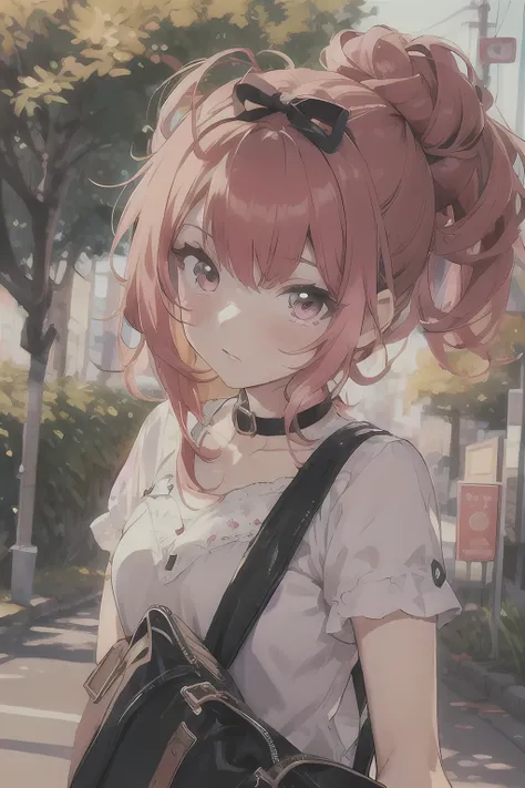 beautiful young woman, anime style, detailed face, red hair, hair in a bun, hair with black ribbons, large eyes, pink eyes, delicate features, soft lighting, blush, wearing a choker, wearing a , with black lace top, carrying a school bag, walking home fro...