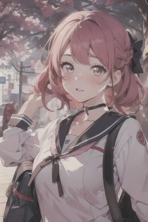 beautiful young woman, anime style, detailed face, red hair, hair in a bun, hair with black ribbons, large eyes, pink eyes, delicate features, soft lighting, blush, wearing a choker, wearing a Japanese , sailor uniform, sexy, cleavage, black lace top under...