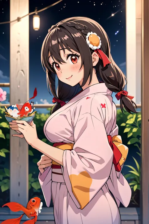 (masterpiece, highest quality), One girl,    Yunyun,Long Hair,Braiding,Twin tails,Hair between the eyes,Hair Ribbon,hair ornaments,Big Breasts,(Japanese pink goldfish pattern yukata:1.2),Red Eyes、(The best smile)、(blush:1.2)、Starry Sky、color々View from an a...