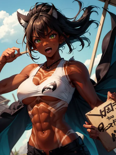 Illustration anime, inspired by Seunghee Lee artstyle, webtoon, manhwa, cowboy shot, dynamic pose, dynamic angle, centered, (((perfect hands))), (((upper body focus))), screaming, open mouth, 1woman, (dark tanned skin female:1.8), green eyes, short red hai...