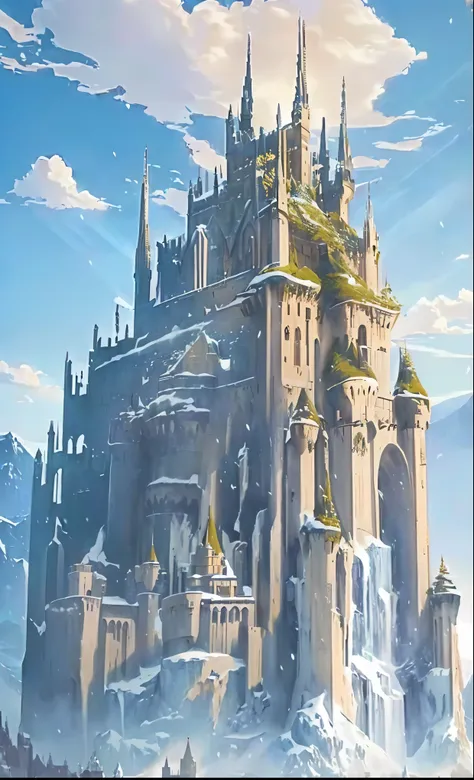 There is a castle in the middle of the snowy mountains,Dream Castle, Sun side exposure，Sunlight，Clarity，Realism 0.5，Epic castle with tall spire, Fantasy Architecture, Feiyun Castle, Silvaan Sarayi, Abandoned Sky Castle, Dream Castle, Huge castle, futuristi...