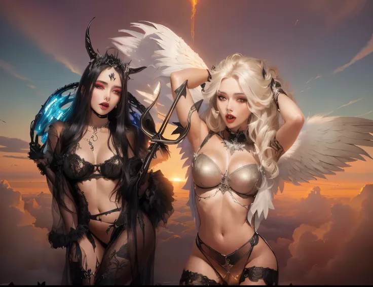 two women dressed in costumes with wings and devil horns, devil versus angel, angel versus devil, 2 angels, heaven vs hell, villainess has black angel wings, angels vs demons, inspired by Hedi Xandt, fallen angels, angel is split in two with smoke, to fath...