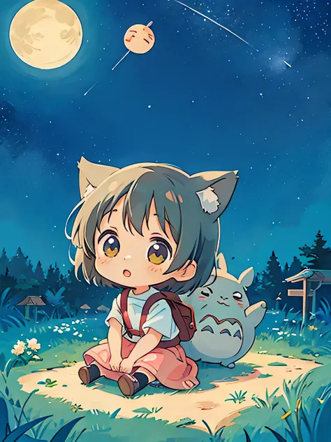 Hayao Mayazaki style, Kawaii Design, The most beautiful girl of all time、Chibi, Sit down and look up at the night sky, totoro, Star of the sky