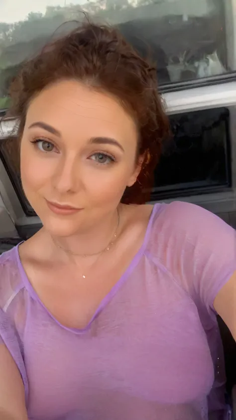 Cute flirty romantic summery selfie slightly aroused woman wearing a sheer loose fitting t-shirt without a bra small breasts nipples slightly visible 