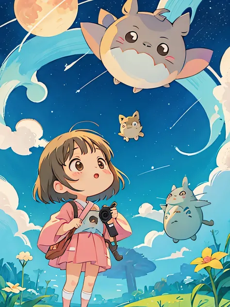 Hayao Mayazaki style, Kawaii Design, The most beautiful girl of all time、Chibi, Looking up at the night sky, totoro, shooting star, Cute Animals