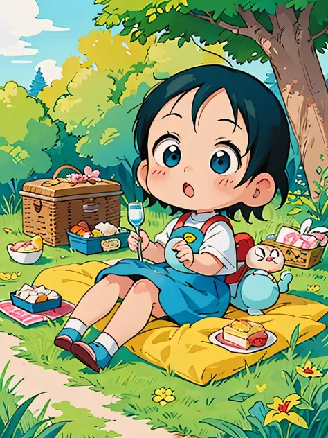 Akira Toriyama style, Kawaii Design, The most beautiful girl of all time、Chibi, Doraemon, picnic