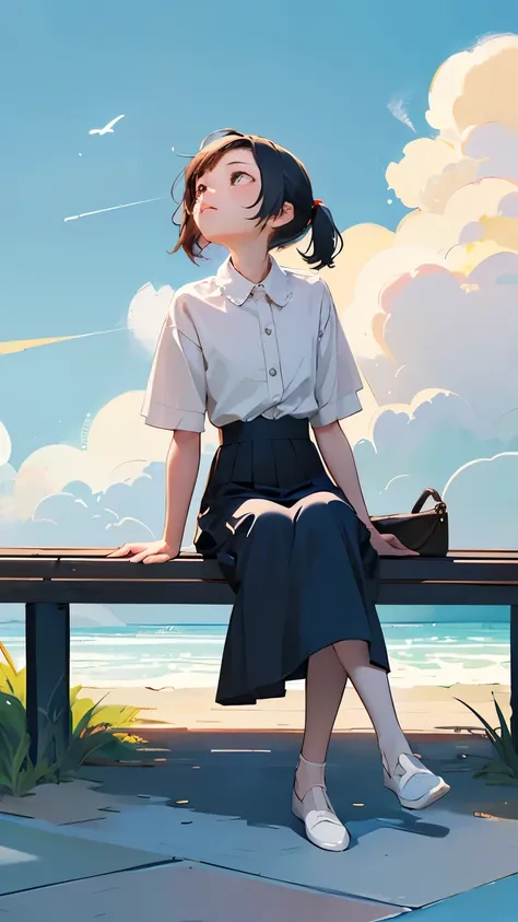 (((Sitting on a bench looking up at the sky:1.37、Girl sitting on the floor looking up to the sky:1.2、Look at the sky:1.37)))、One Girl、Extremely delicate facial and skin texture、White Summer Knitwear、Black long skirt、Everyday Scenes、Pleasant sunshine、In per...