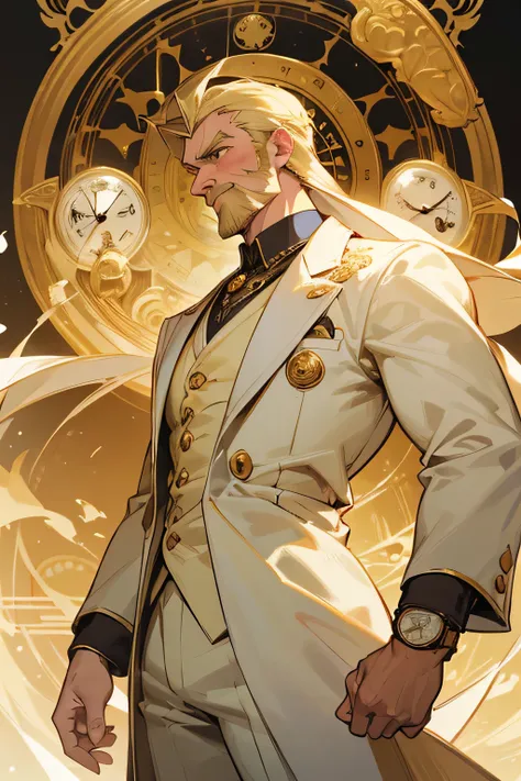 a muscular man,blonde hair,perfect facial features,perfect mustache, no beard included, no beard, wearing a white suit with golden embroidery,clock features,large floating golden clock behind him,small golden watch on right arm