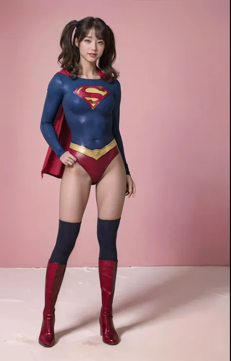 No background、(((Beautiful legs in black tights.)))、(((Legally express the beauty of your smile)))、((((Make the most of your original images)))、(((体にぴったりフィットするSupergirl Costume)))、(((Supergirl Costume)))、(((Beautiful twin tail hairstyle)))、(((She is winkin...