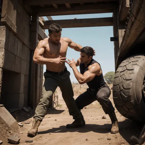 A photorealistic scene depicting a gigantic military boot attempting to crush a man who is resisting with all his strength. The man is pushing back with his arms, hands, and head, displaying intense strain on his muscles and a determined expression on his ...