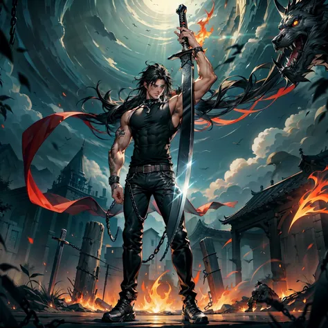 boys 26 Years old, Serious face, muscular, black hair, flowing hair, wearing ((black shirt)), sleeveless, black bootcut trousers, black shoes, holding sword, flames, chains, giant sword   